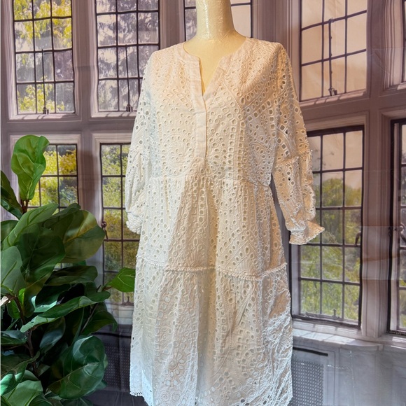 Chico's Dresses & Skirts - Chico’s White Eyelet Tiered V Neck Dress 12 Cottagecore Cotton Summer Spring
